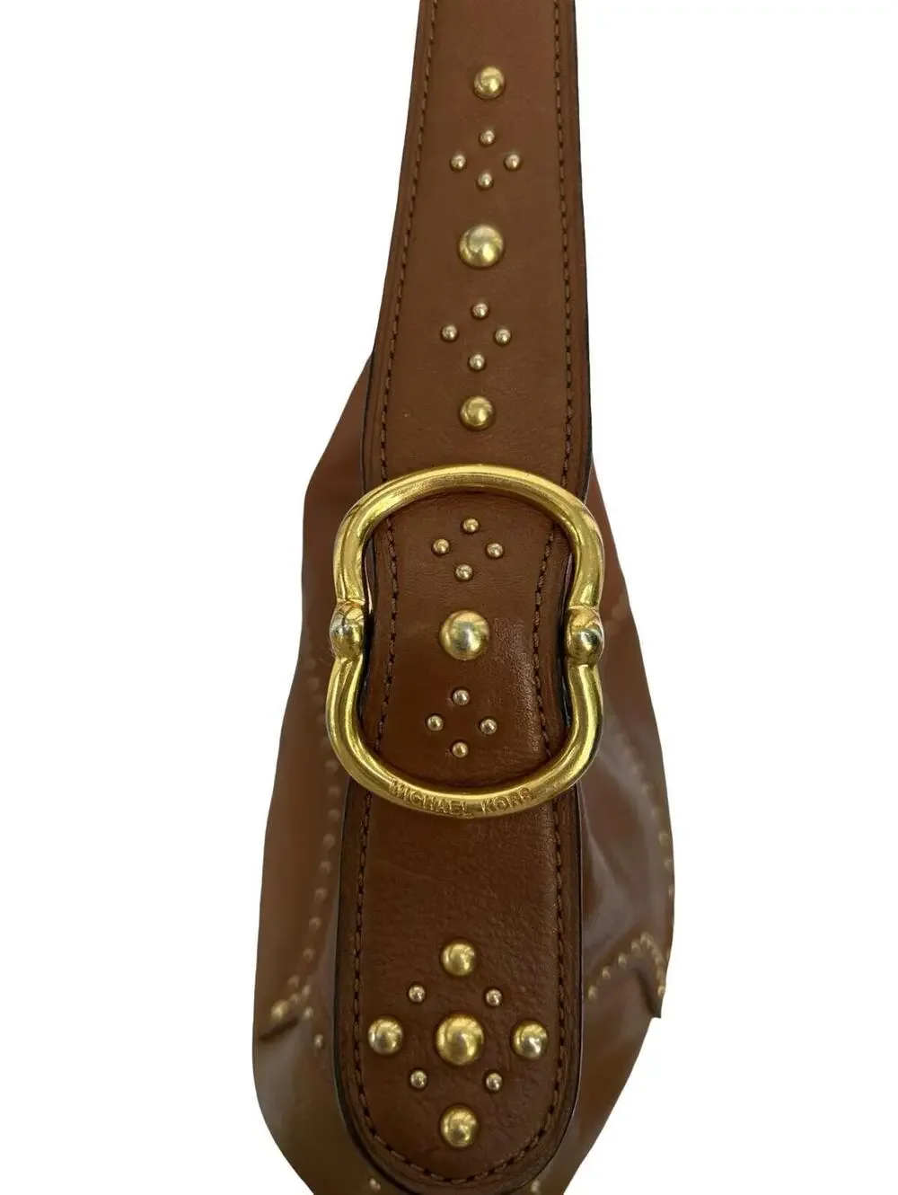 Michael Kors Brown Leather Studded Hobo Shoulder Bag Large Brass‎ Hardware
